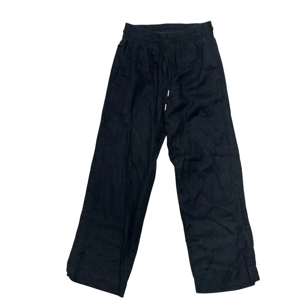Quince Linen Pants Womens Small Black 100% European Drawstring Wide Leg Coastal